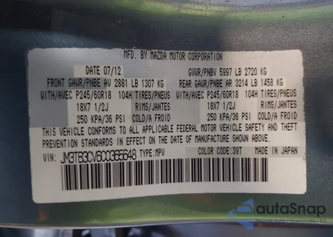 2012 Mazda Cx-9 Touring из США, поврежденный, VIN JM3TB3CV6C0365648